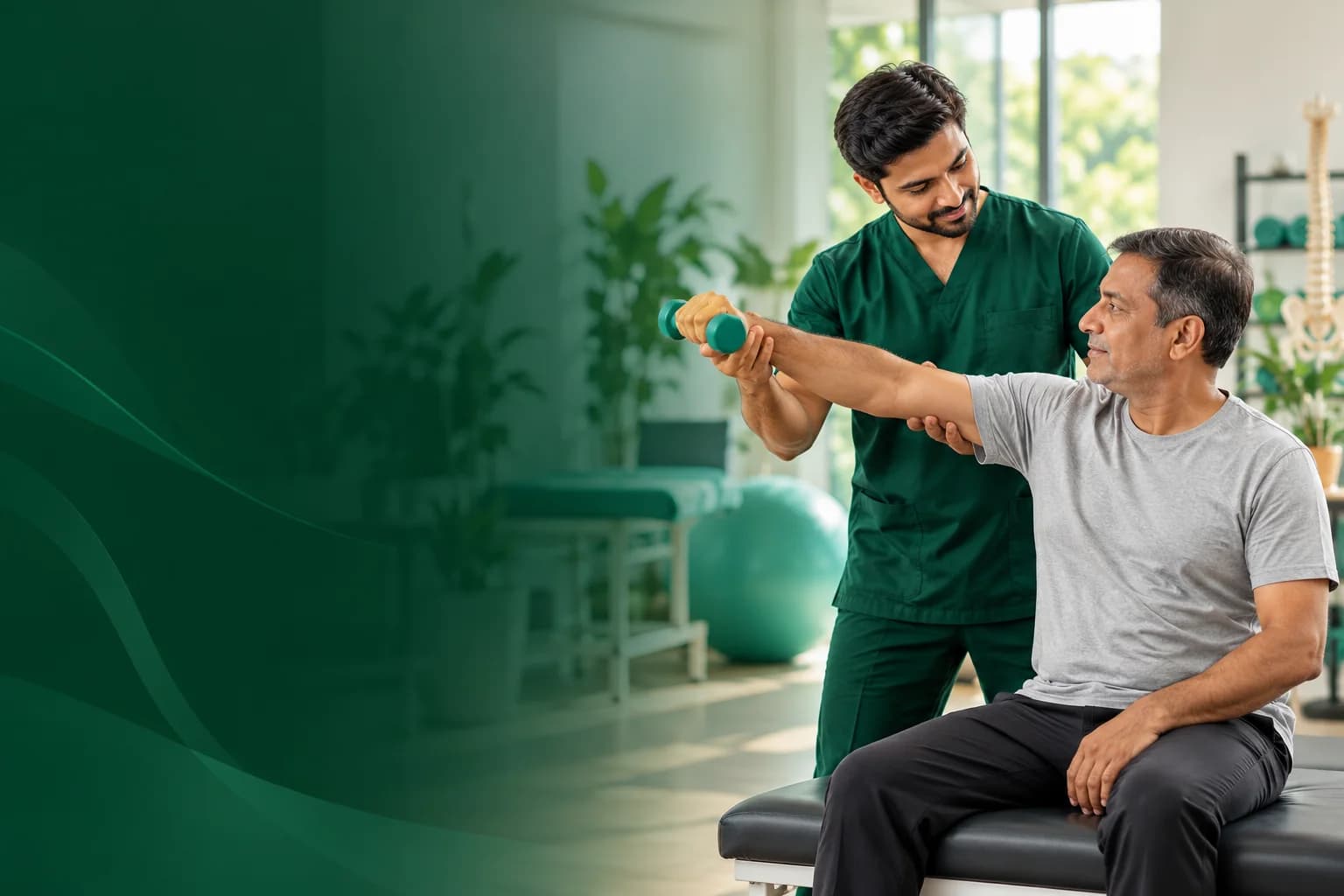 A physiotherapist guiding a patient through a shoulder mobility exercise in a bright clinic