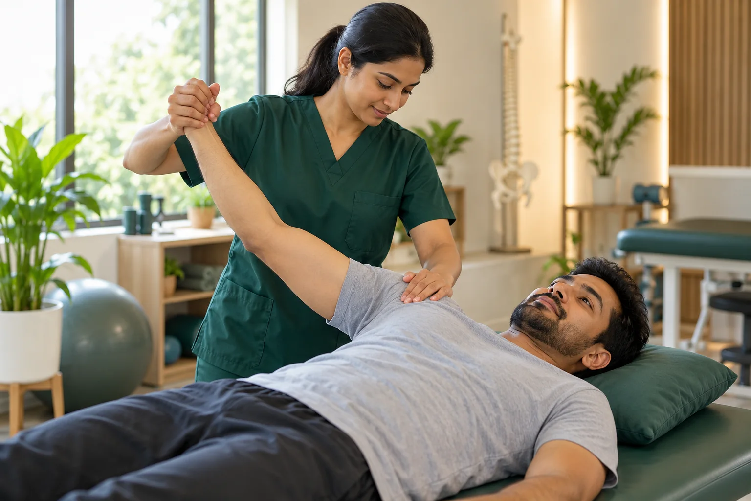 A physiotherapist providing gentle shoulder mobilization to a patient