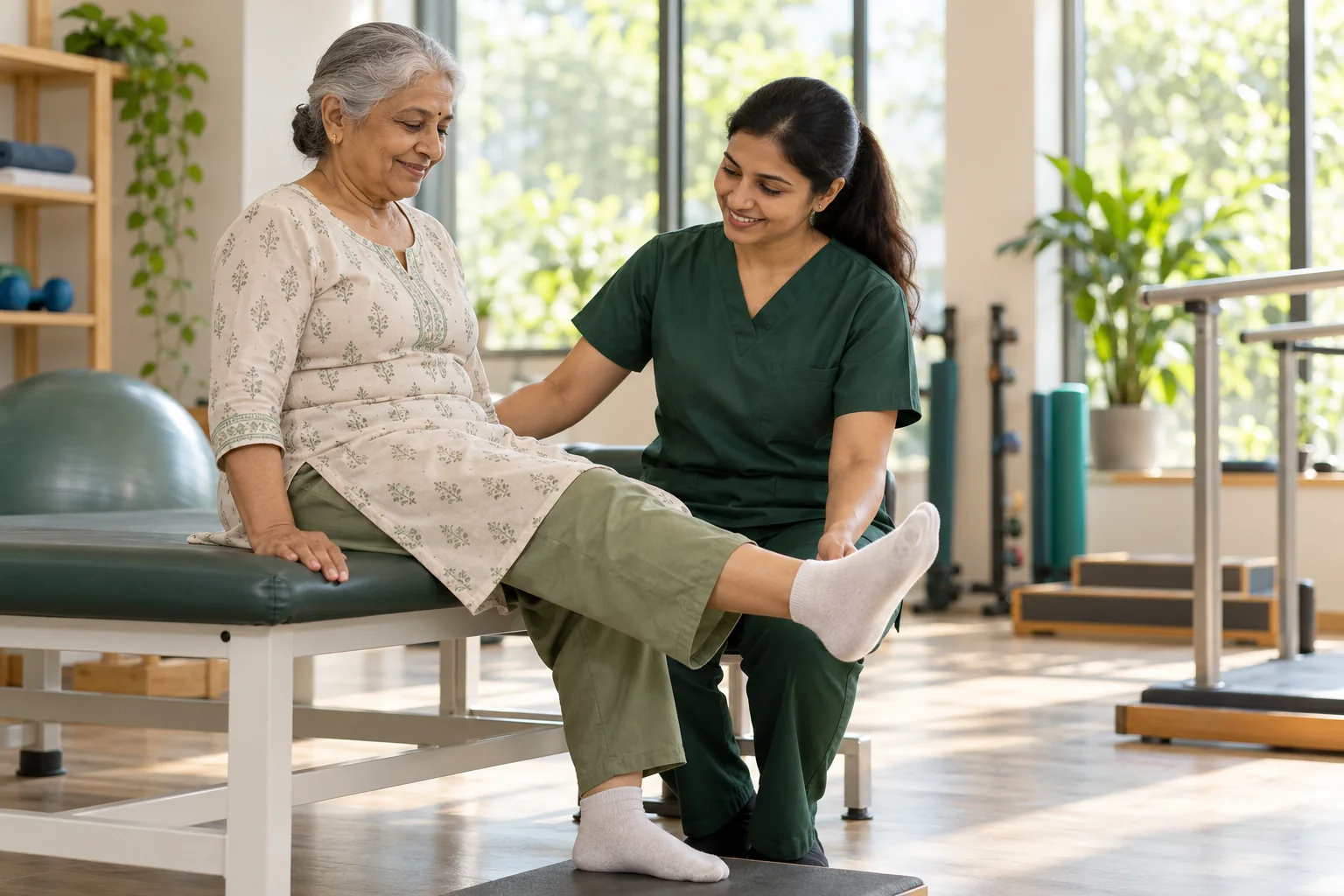 A physiotherapist supporting an older adult with a knee extension exercise