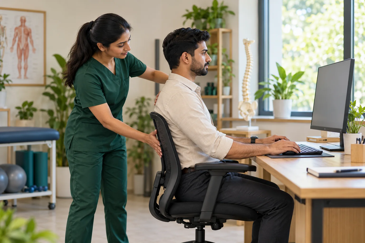 A physiotherapist assessing an adult's desk posture and workstation setup