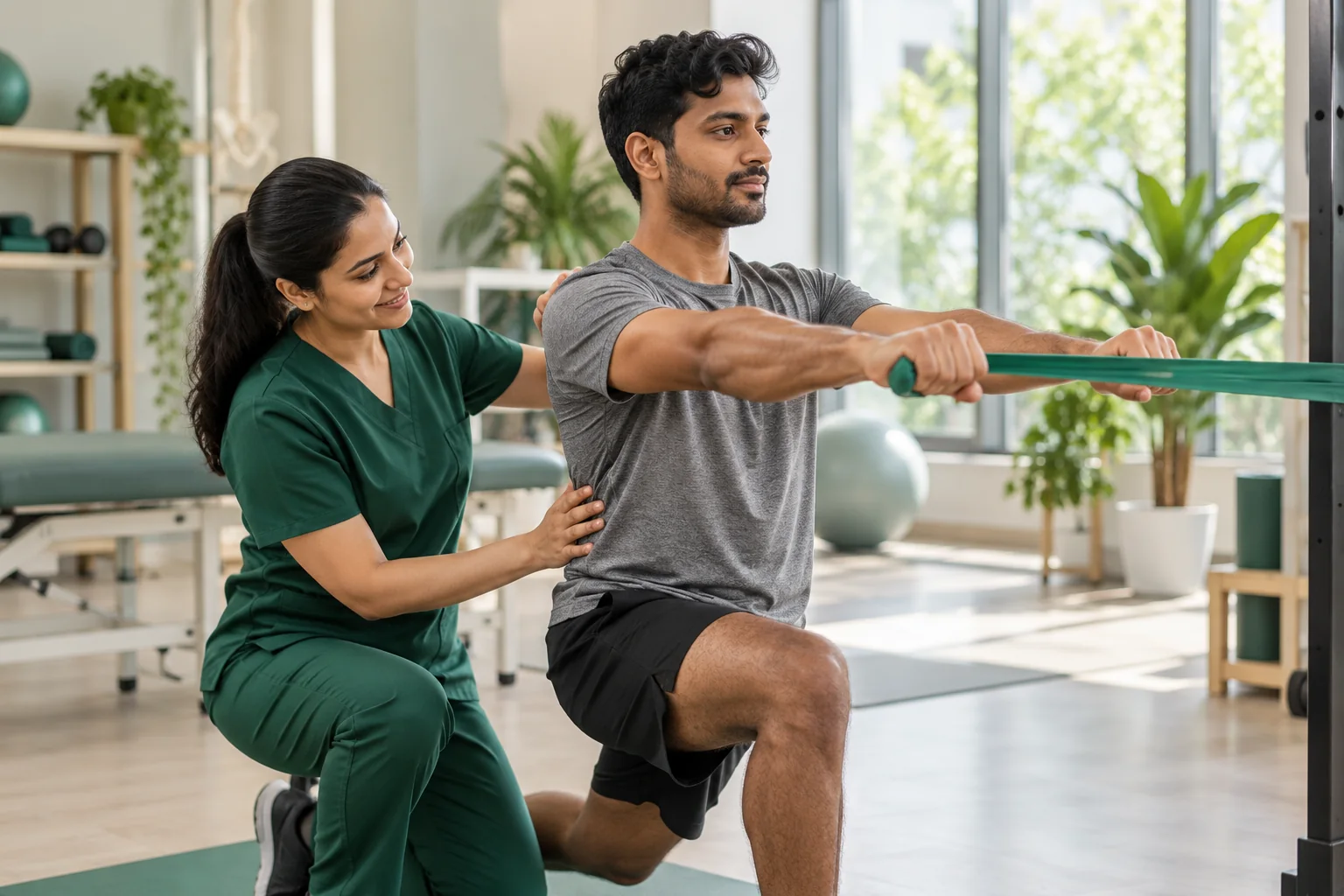 A physiotherapist guiding an adult runner through a resistance-band exercise