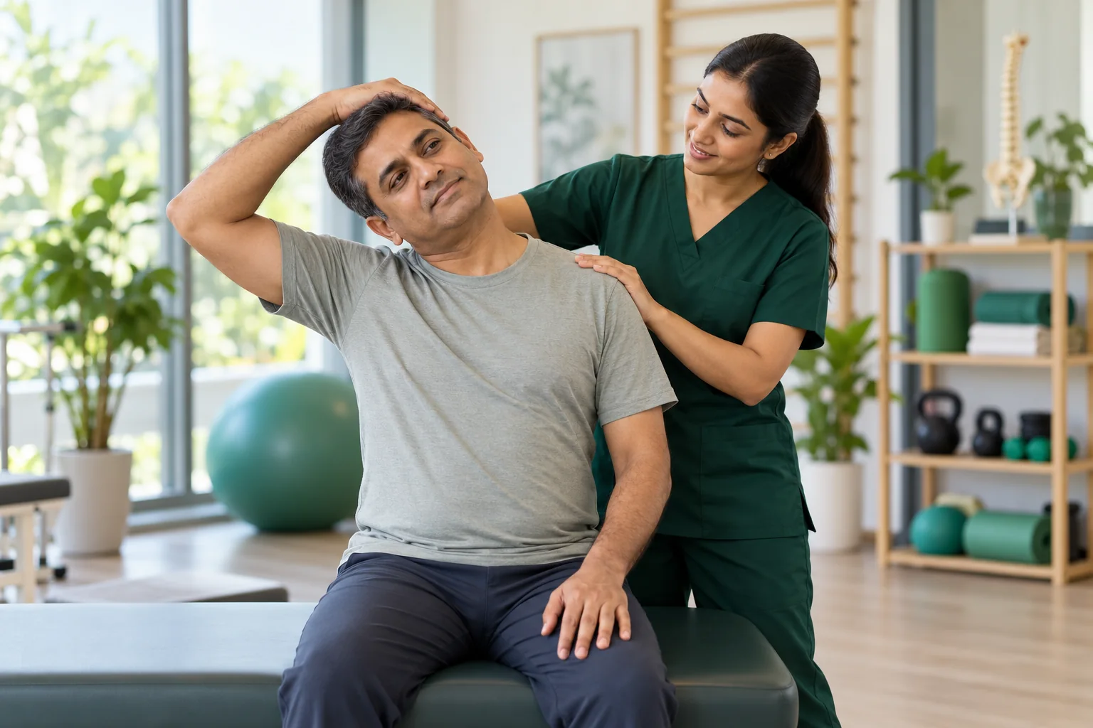 A physiotherapist coaching an adult through gentle seated neck and upper-back mobility